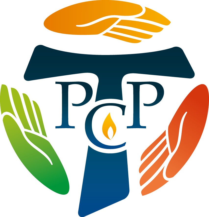 Pastoral Care logo featuring a stylised cross with the letters “P C P”. A flame symbol appears at the centre of the cross. Four coloured hands surround the cross, forming a circle, representing care, support and community. The hands are shown in orange, green and red tones on a white background.