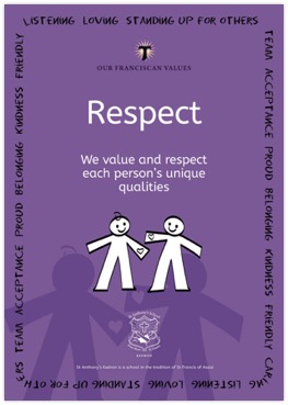 Purple poster titled Respect from the Our Franciscan Values series. The text explains valuing and respecting each person’s unique qualities. A simple line illustration shows two human figures facing each other with open arms, representing mutual respect. Words such as kindness, listening, belonging and acceptance appear around the border.